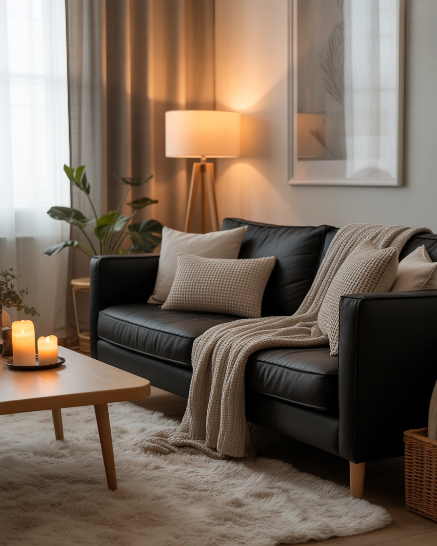 Make a Cozy Black Sofa Living Room With Soft Textures