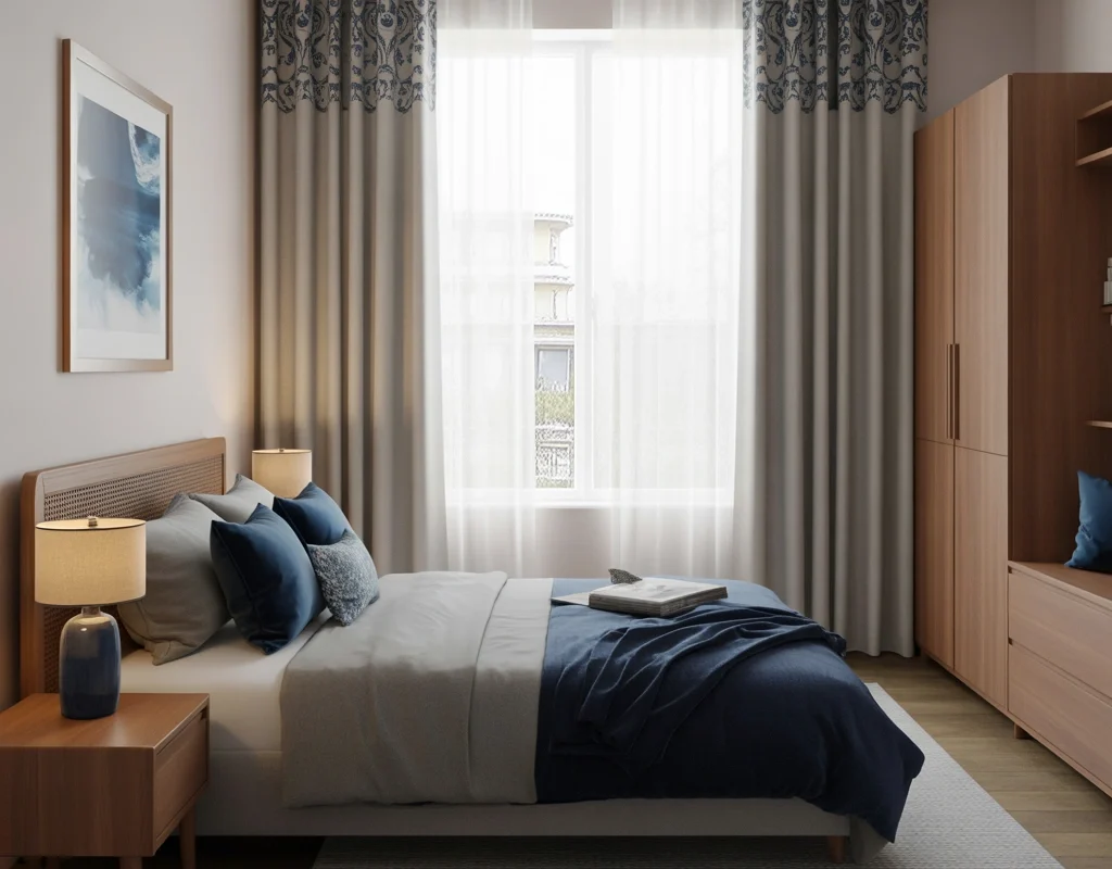 Match Gray Curtains With Blue Tones for a Calm Bedroom