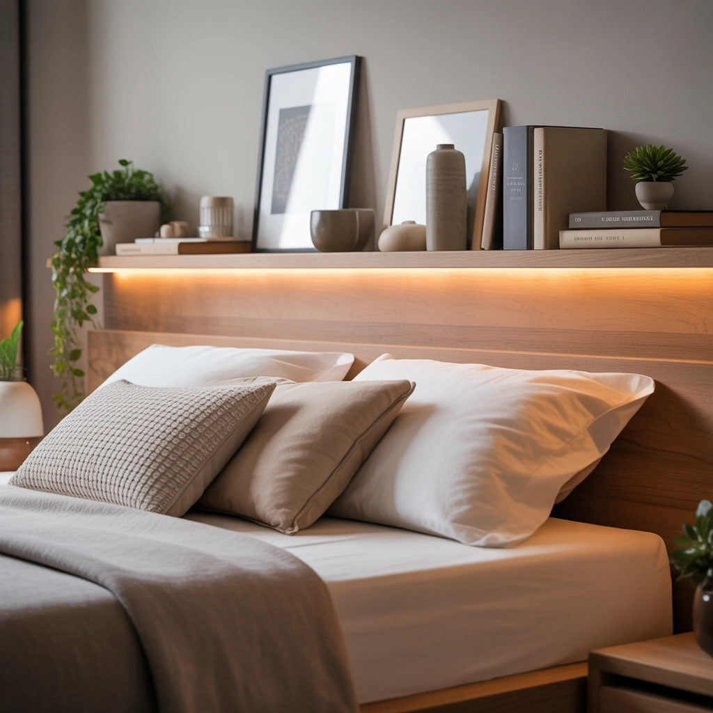 Minimal Floating Shelf Decor Above the Bed