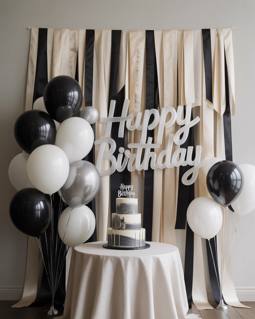 Minimalist Black and White Ribbon Birthday Wall