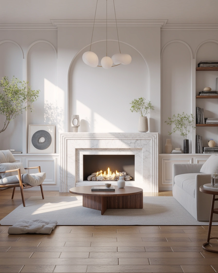 Minimalist Gas Fireplace With a Clean White Surround