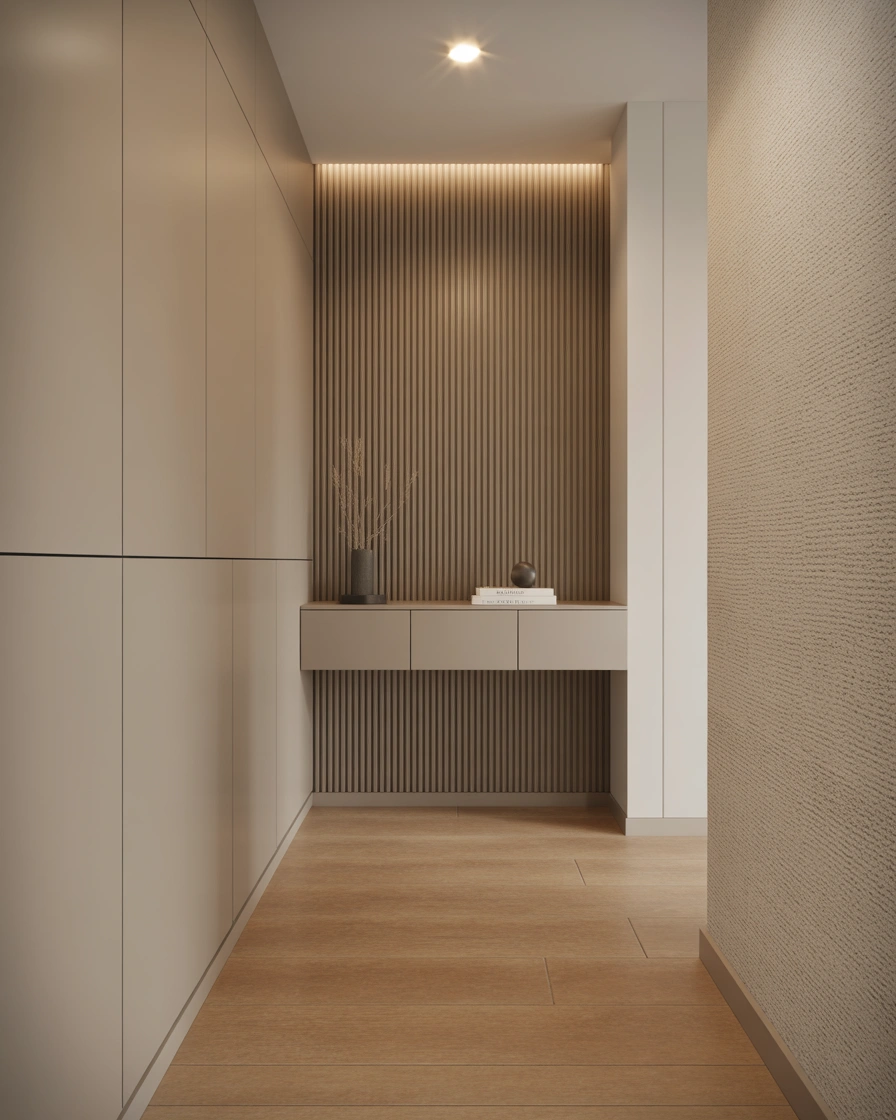 Minimalist Neutral Hallway With Soft Paneling and Textured Wallpaper