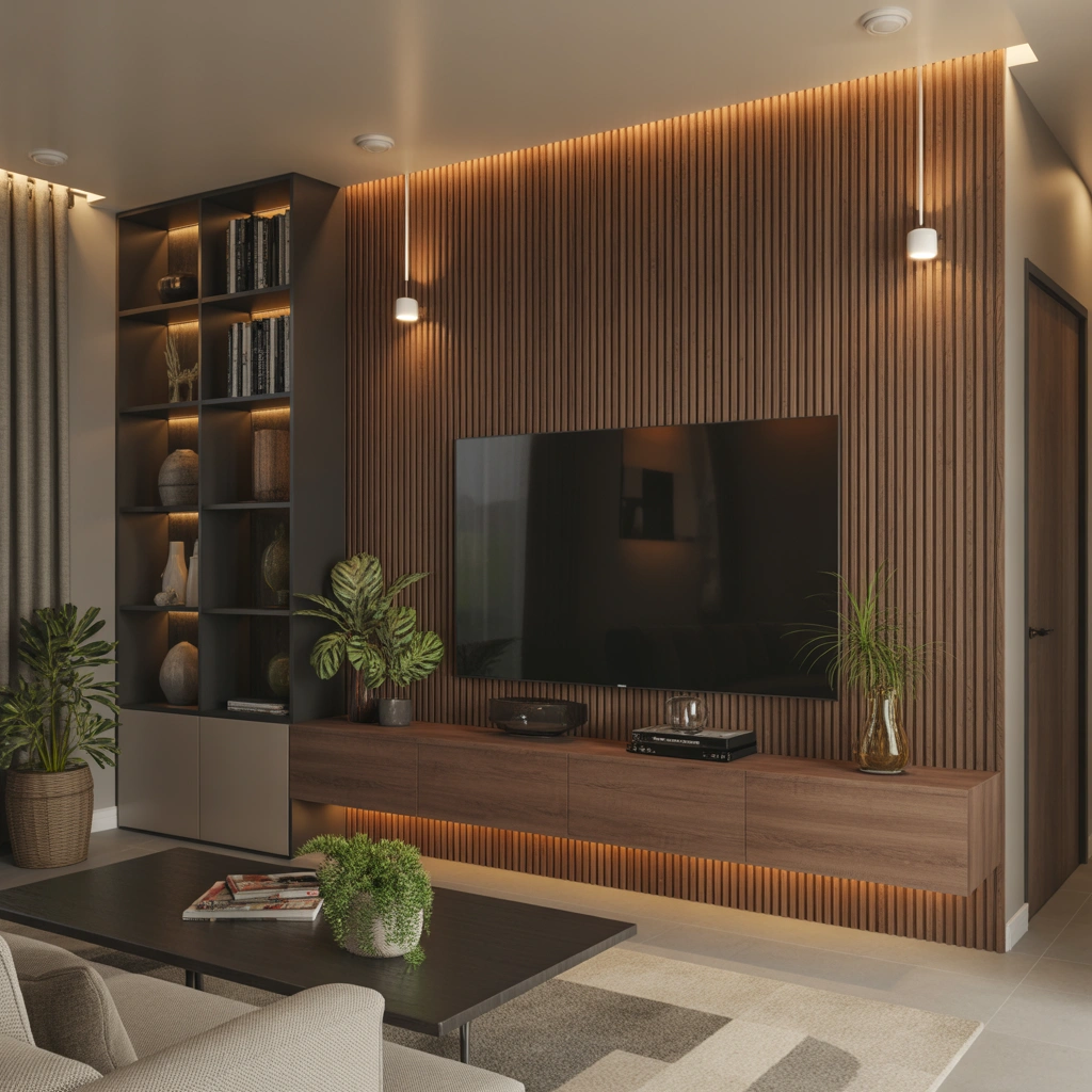 Modern Entertainment Center With Vertical Slat Wood Panels