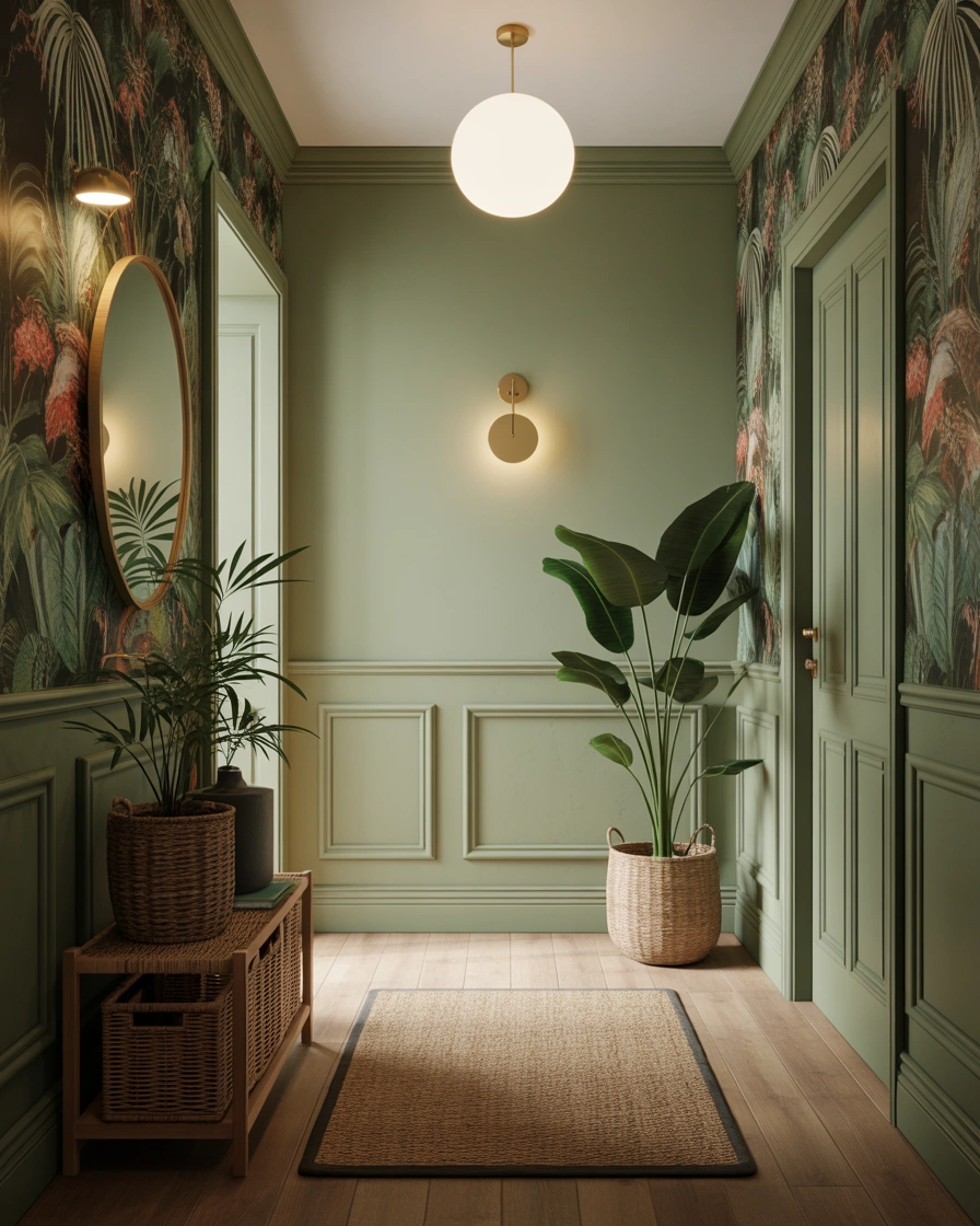 Nature Inspired Hallway With Green Panelling and Botanical Wallpaper
