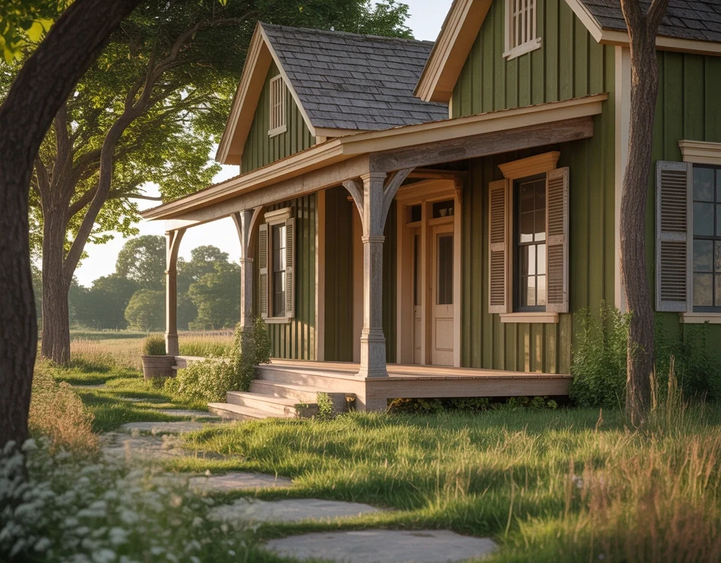 Olive Green Farmhouse Exterior Paint Color for a Rustic and Earthy Appearance