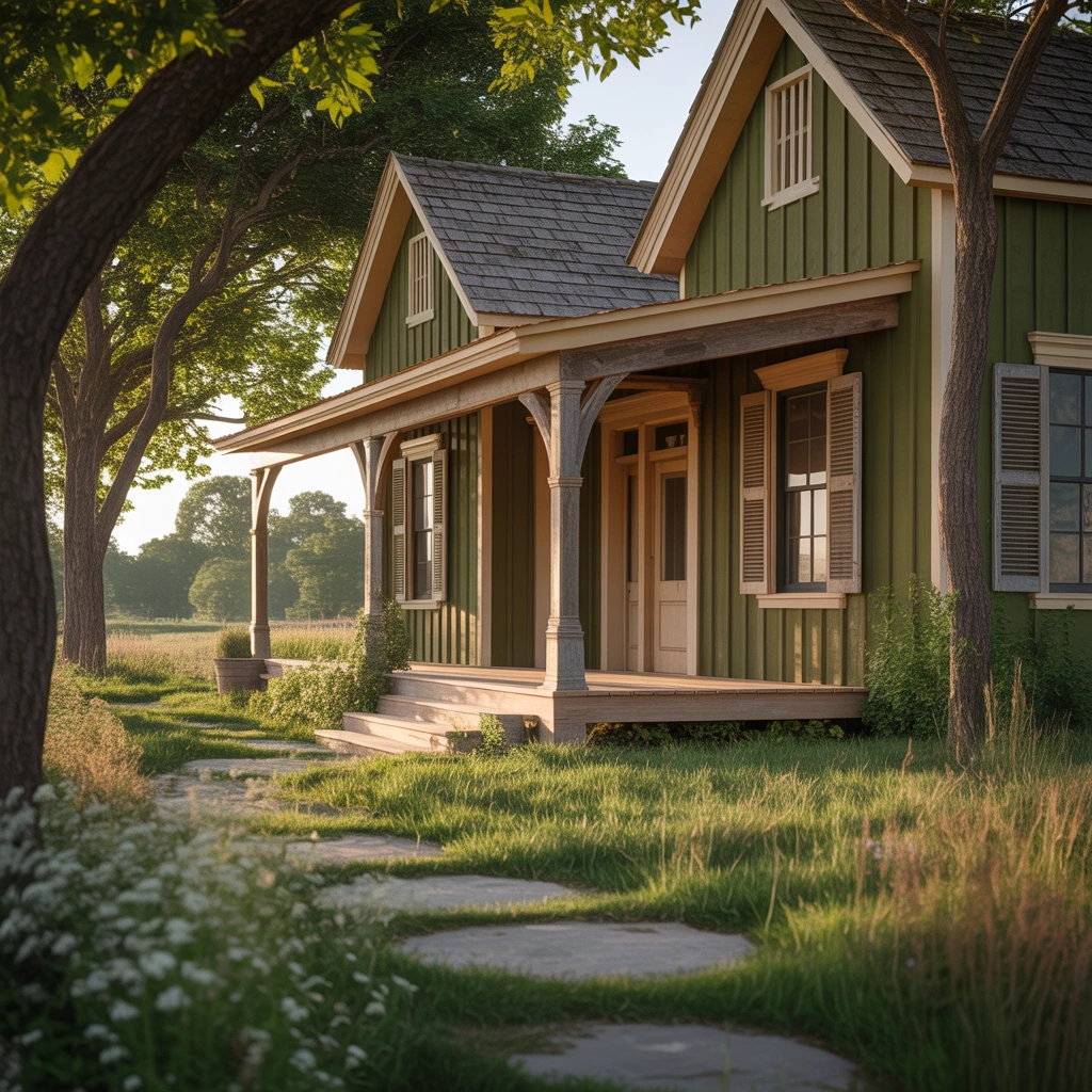 Olive Green Farmhouse Exterior Paint Color for a Rustic and Earthy Appearance