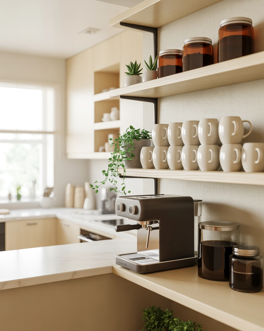 Open Kitchen Coffee Bar Shelf Idea