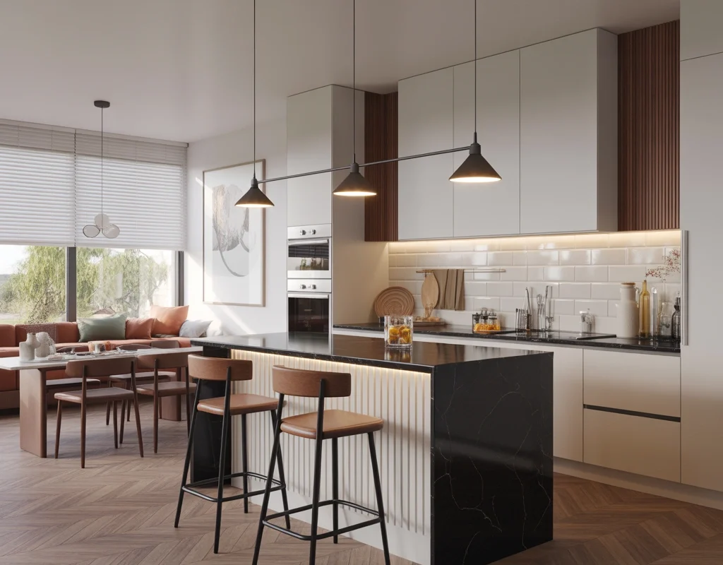 Open Kitchen Entrance With Breakfast Bar Design