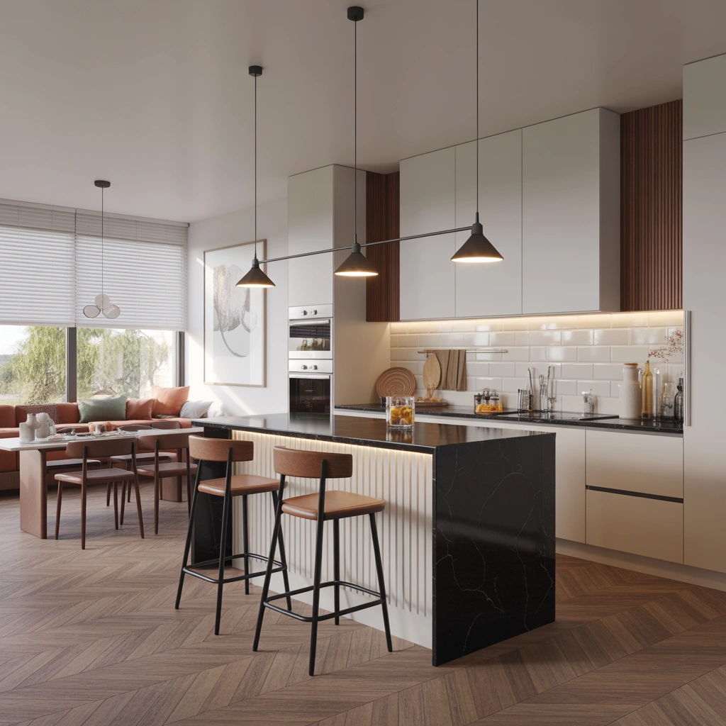 Open Kitchen Entrance With Breakfast Bar Design