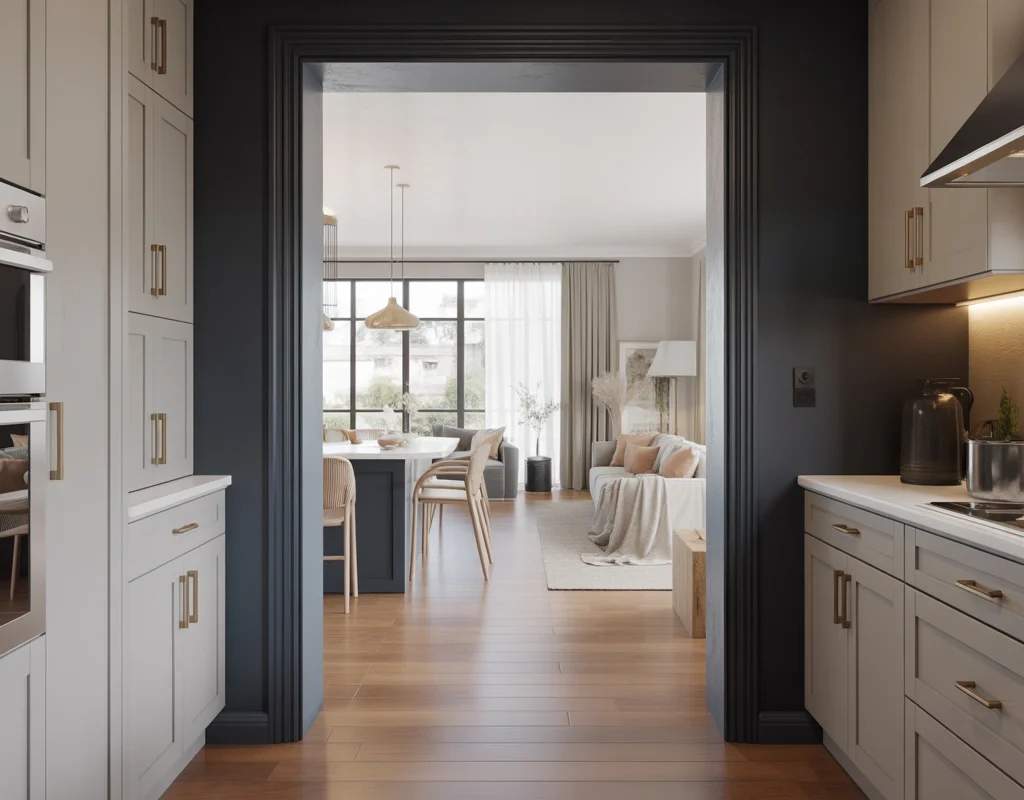 Open Kitchen Entrance With Color Contrast Design
