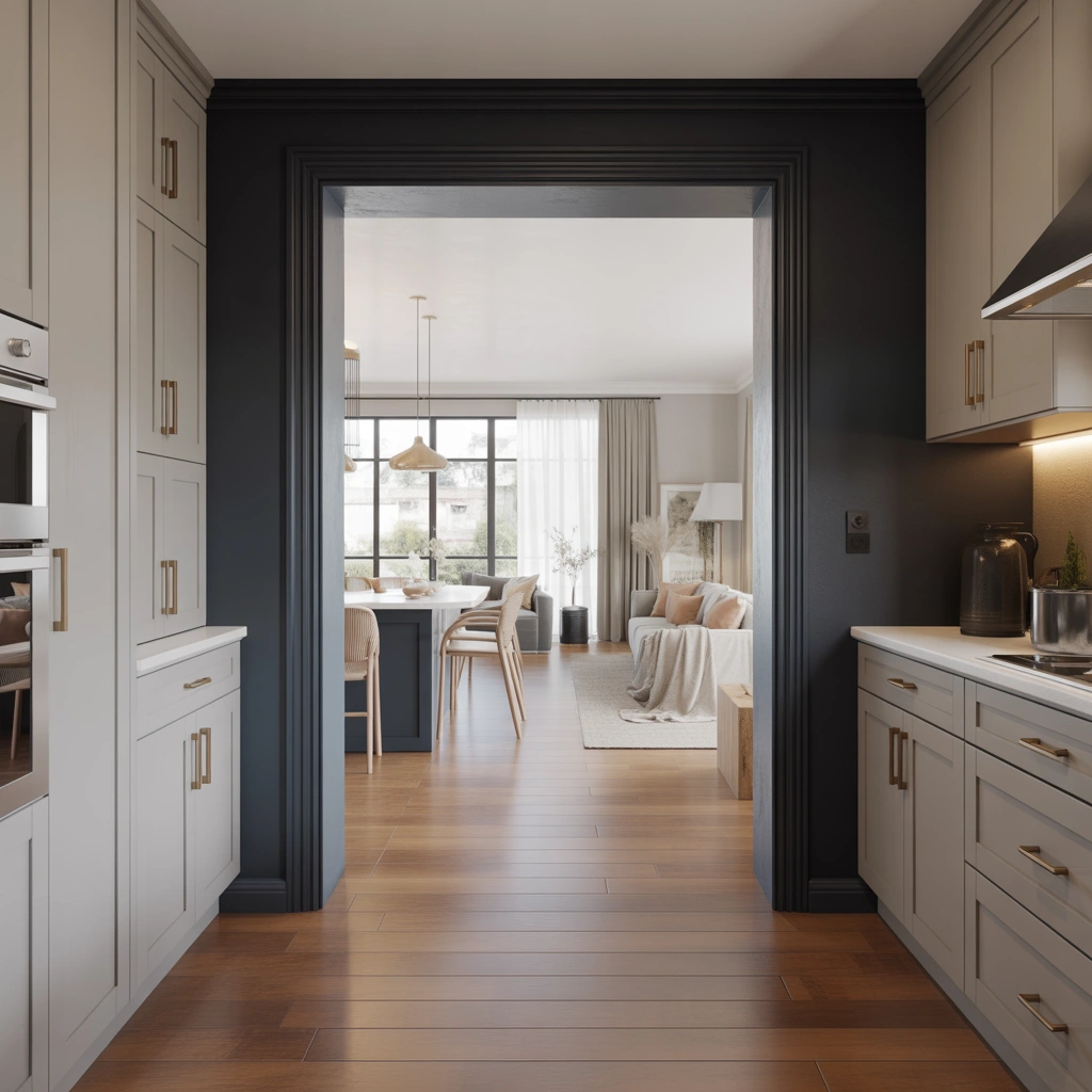 Open Kitchen Entrance With Color Contrast Design