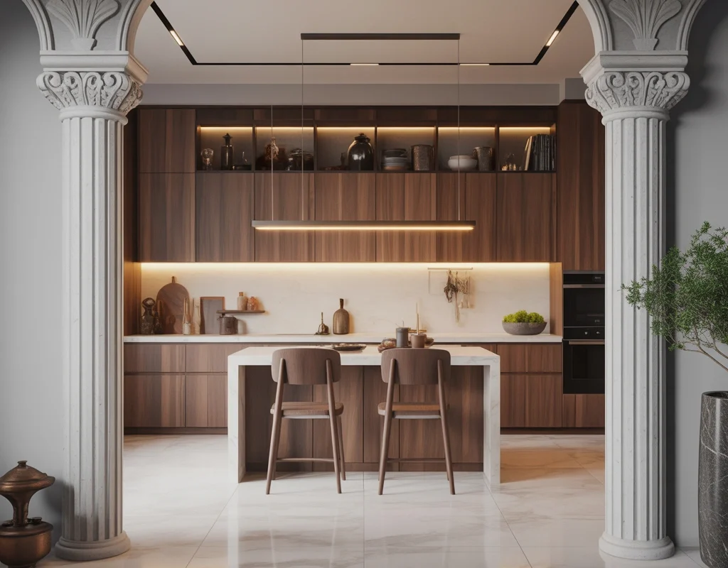 Open Kitchen Entrance With Decorative Columns