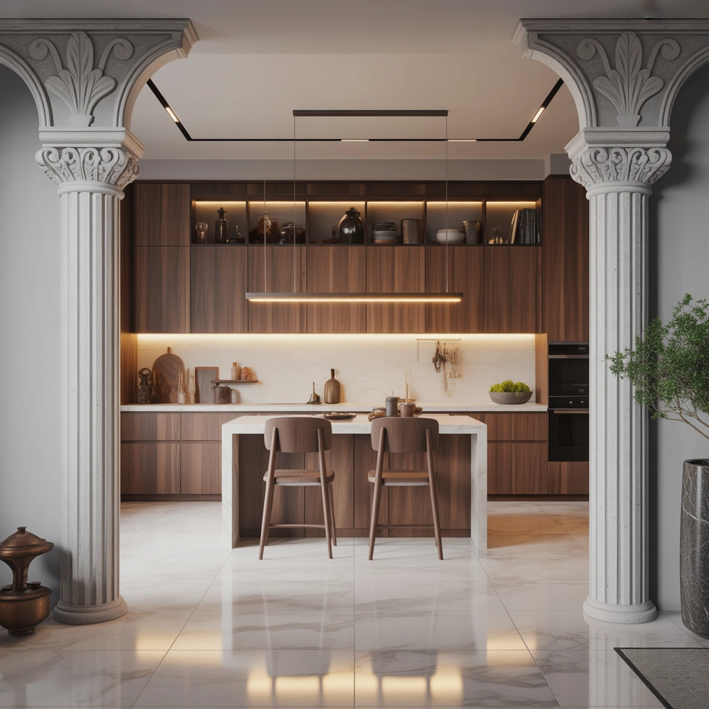 Open Kitchen Entrance With Decorative Columns