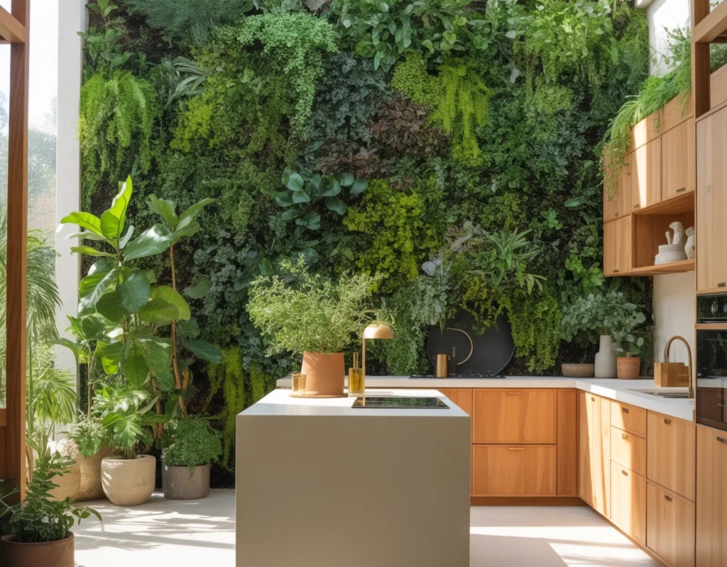 Open Kitchen Entrance With Green Plant Wall