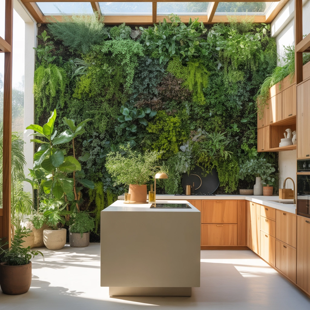 Open Kitchen Entrance With Green Plant Wall