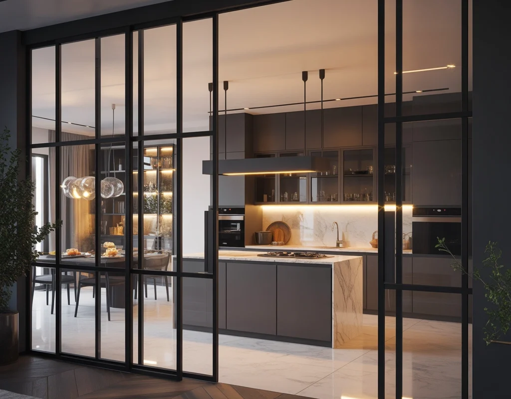 Open Kitchen Entrance With Modern Glass Partition Wall
