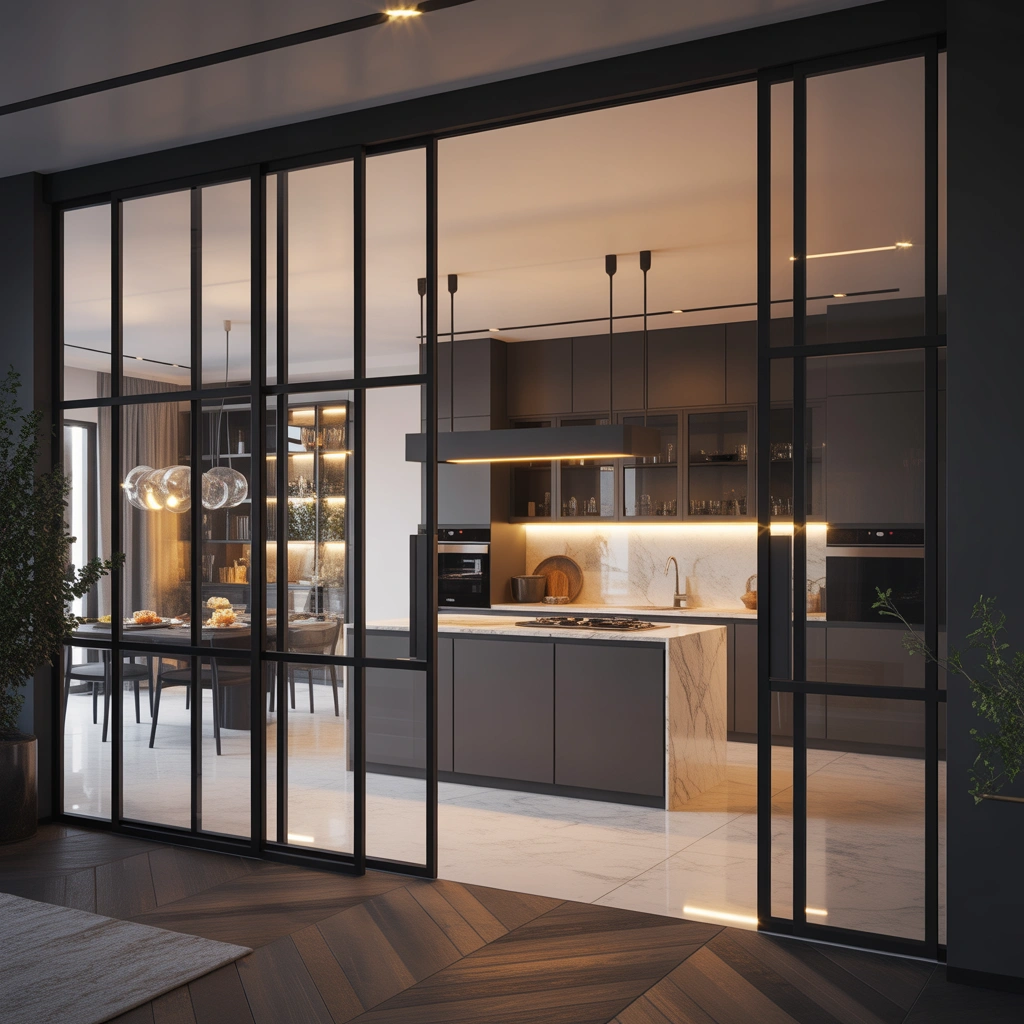 Open Kitchen Entrance With Modern Glass Partition Wall