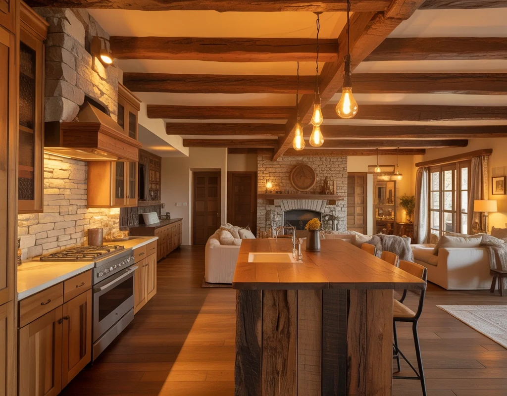 Open Kitchen Entrance With Rustic Wooden Beam Design