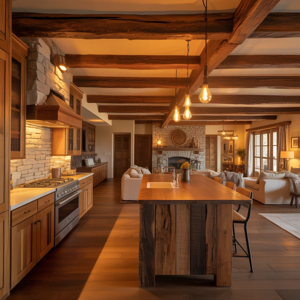 Open Kitchen Entrance With Rustic Wooden Beam Design
