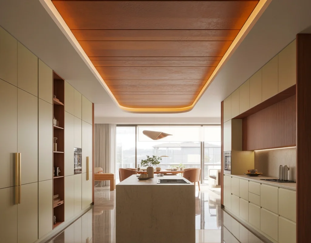 Open Kitchen Entrance With Statement Ceiling Design