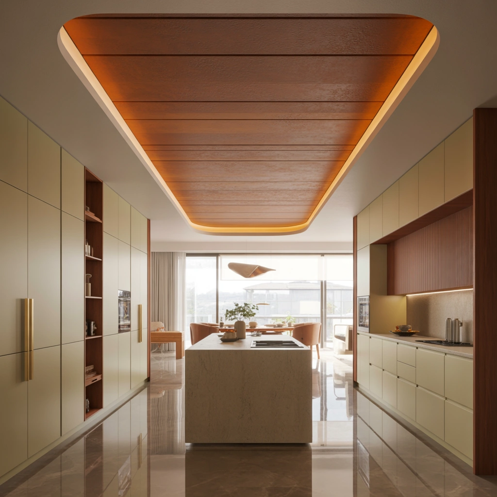 Open Kitchen Entrance With Statement Ceiling Design