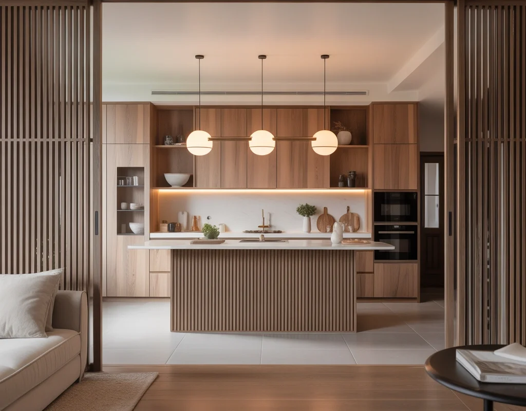 Open Kitchen Entrance With Wooden Slat Divider