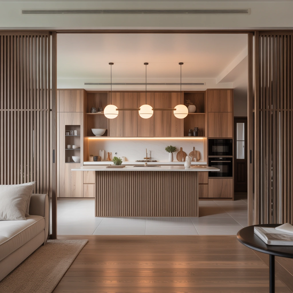 Open Kitchen Entrance With Wooden Slat Divider