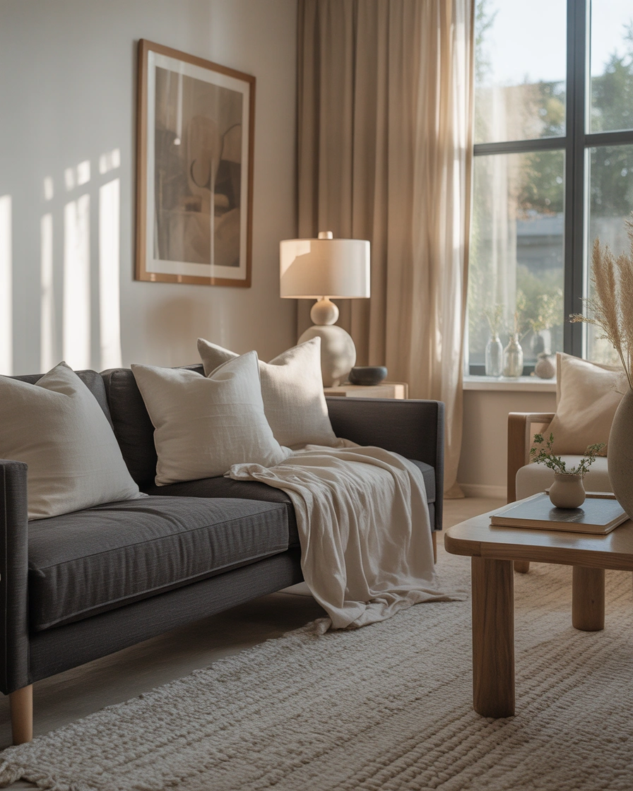 Pair a Dark Grey Couch With Neutral Beige Decor