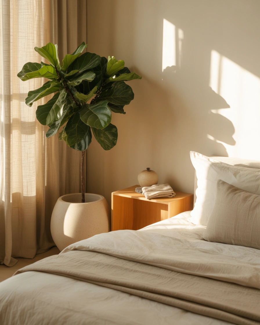 Place a Large Statement Plant Beside the Bed