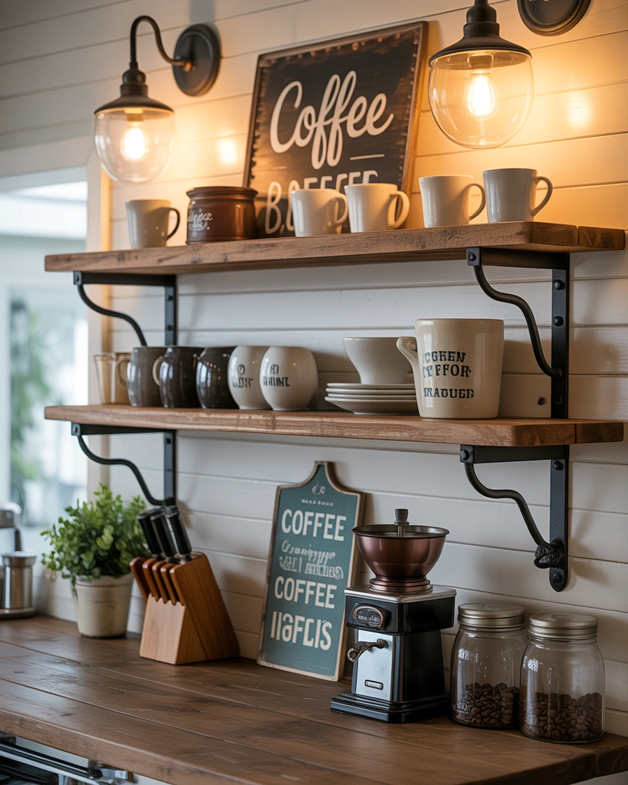 Rustic Farmhouse Coffee Bar Shelf With Vintage Charm