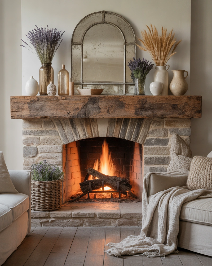 Rustic Farmhouse Fireplace Mantle Ideas with Natural Charm