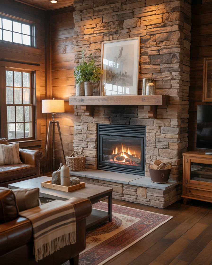 Rustic Gas Fireplace With Stone Surround