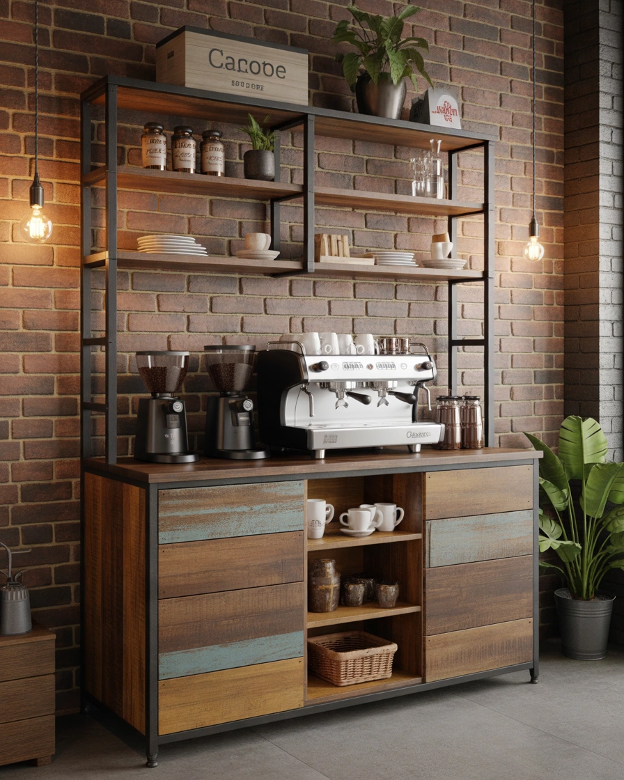 Rustic Industrial Coffee Bar Hutch With Metal Accents