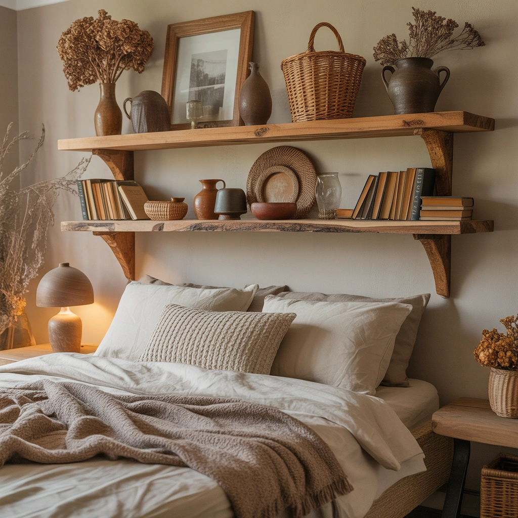 Rustic Wooden Shelf Decor for a Warm Bedroom Style