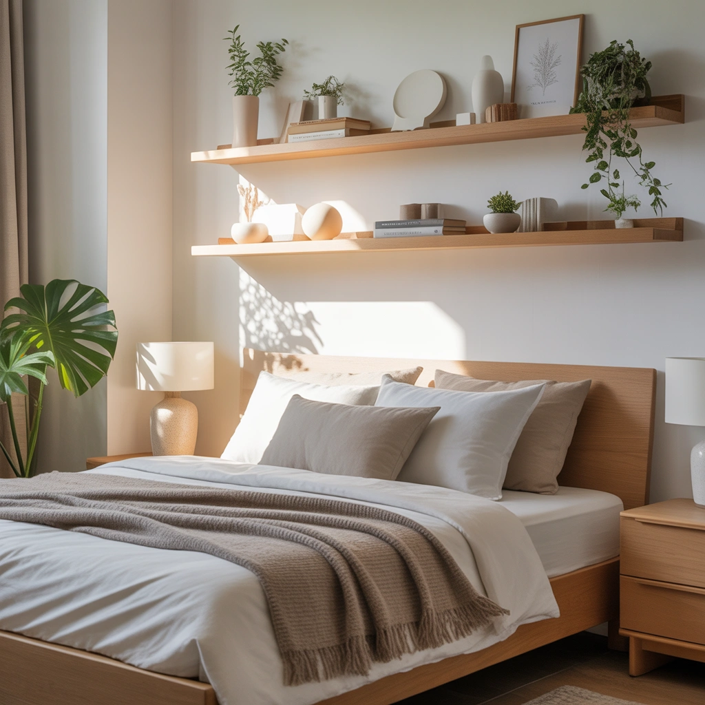 Scandinavian Bedroom Shelf Decor With Neutral Colors