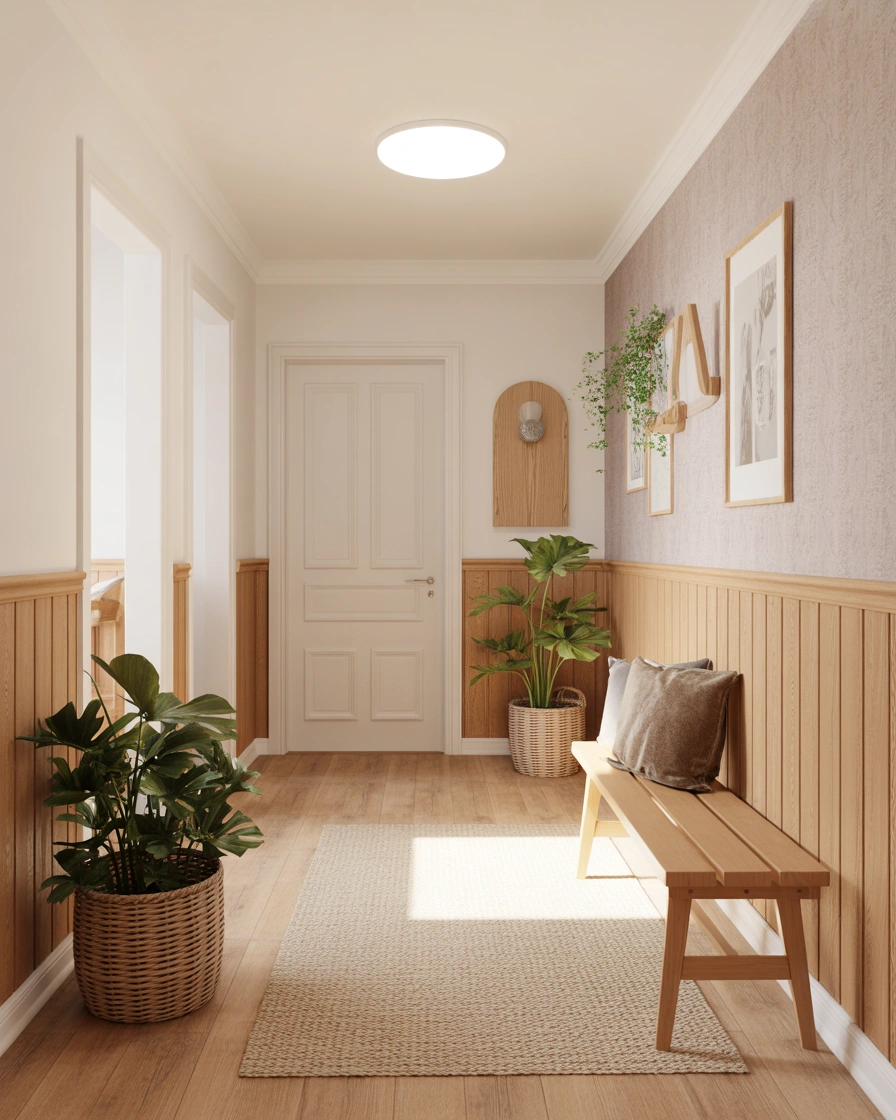 Scandinavian Style Hallway With Light Wood Panelling and Minimal Wallpaper