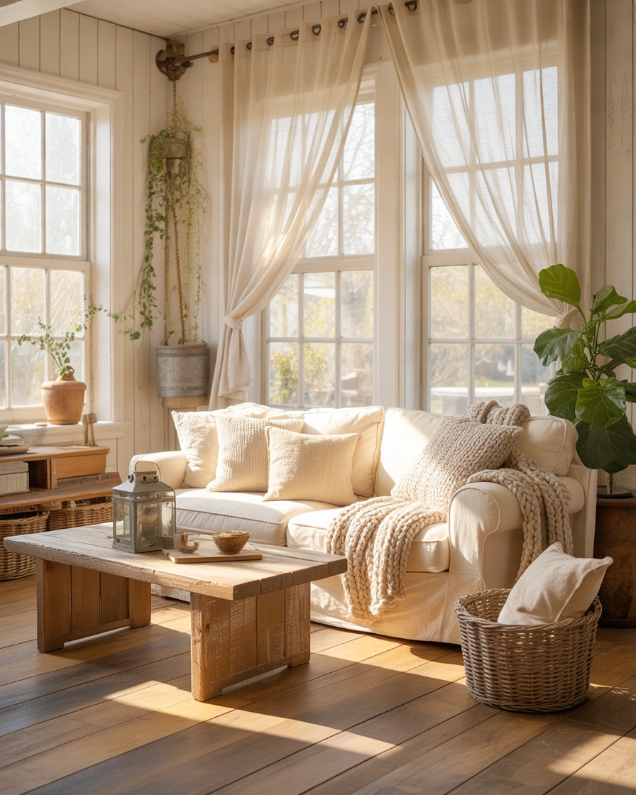 Sheer White Curtains for a Bright and Relaxed Farmhouse Atmosphere