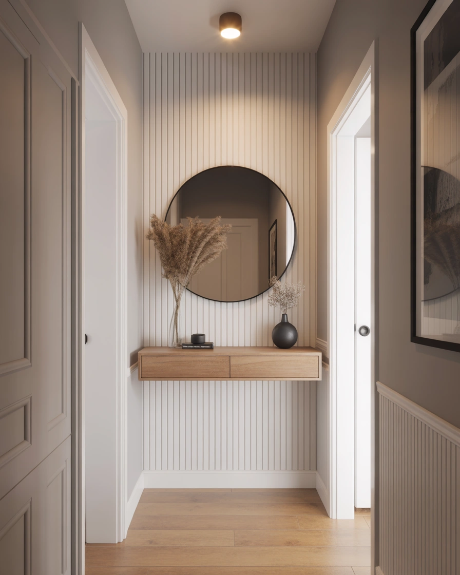 Small Narrow Hallway With Vertical Panelling and Light Wallpaper
