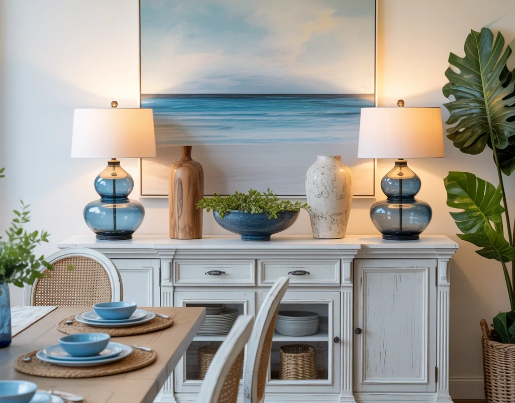 Style a Coastal Dining Room Buffet With Two Blue or Glass Lamps