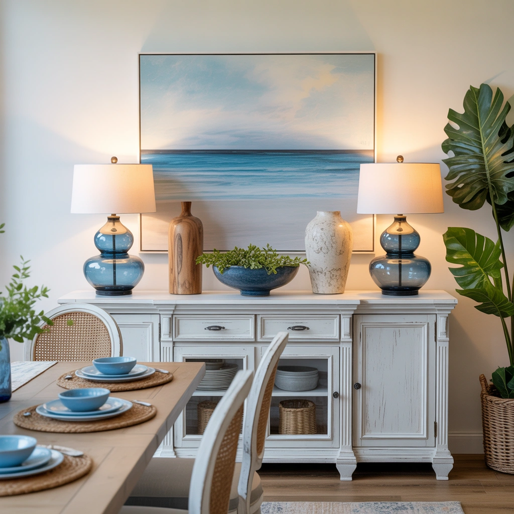 Style a Coastal Dining Room Buffet With Two Blue or Glass Lamps