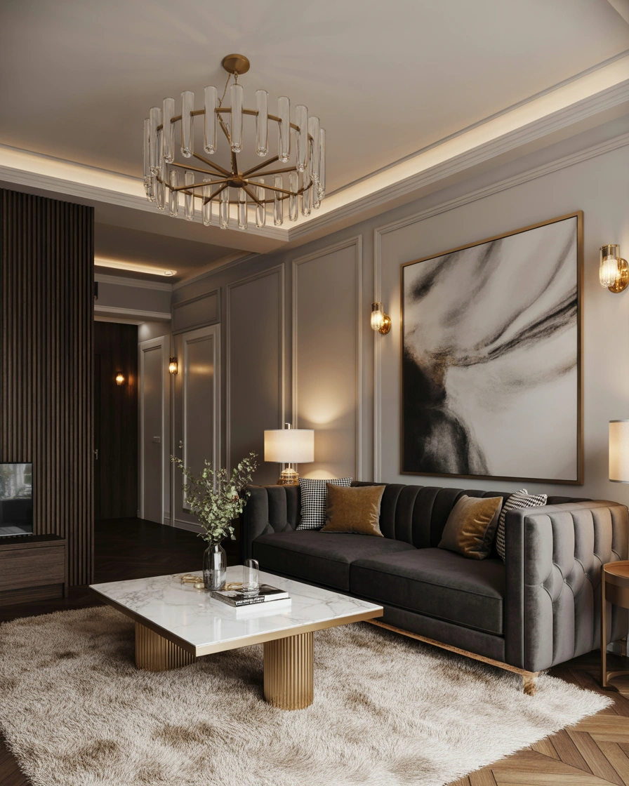 Style a Luxury Living Room With a Dark Grey Velvet Couch