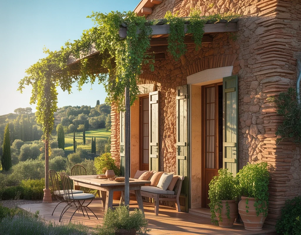 Terracotta Farmhouse Exterior Paint Color for a Warm Mediterranean Country Style