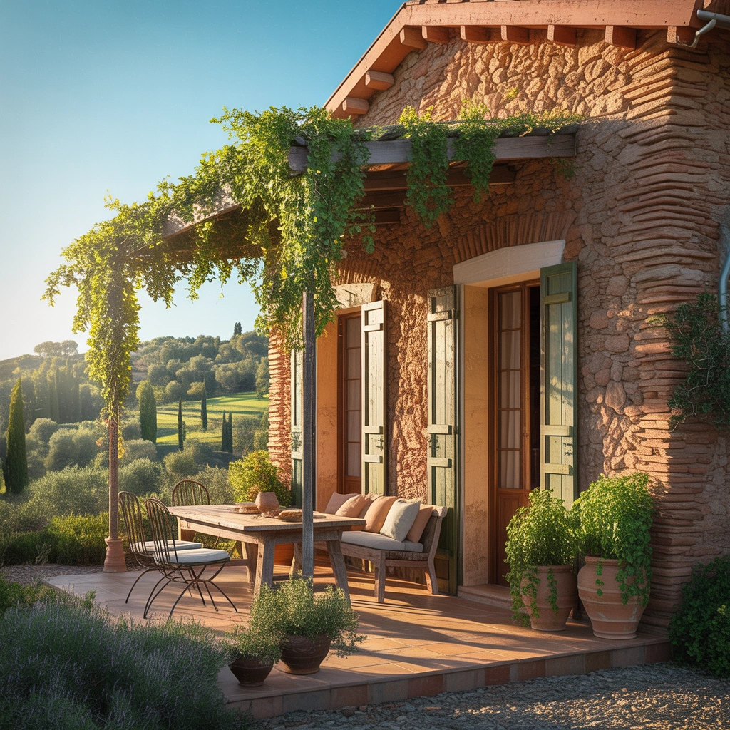 Terracotta Farmhouse Exterior Paint Color for a Warm Mediterranean Country Style