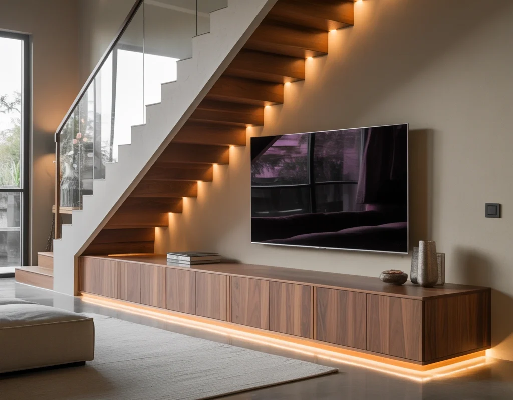 Under Stairs Entertainment Center and TV Wall Design