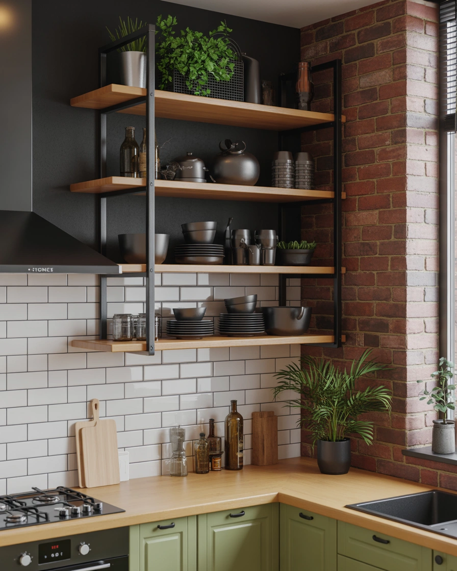 Use Black Metal Corner Shelves for an Industrial Kitchen Look