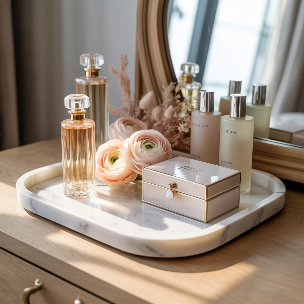 Use Decorative Trays to Organize Perfumes and Beauty Products