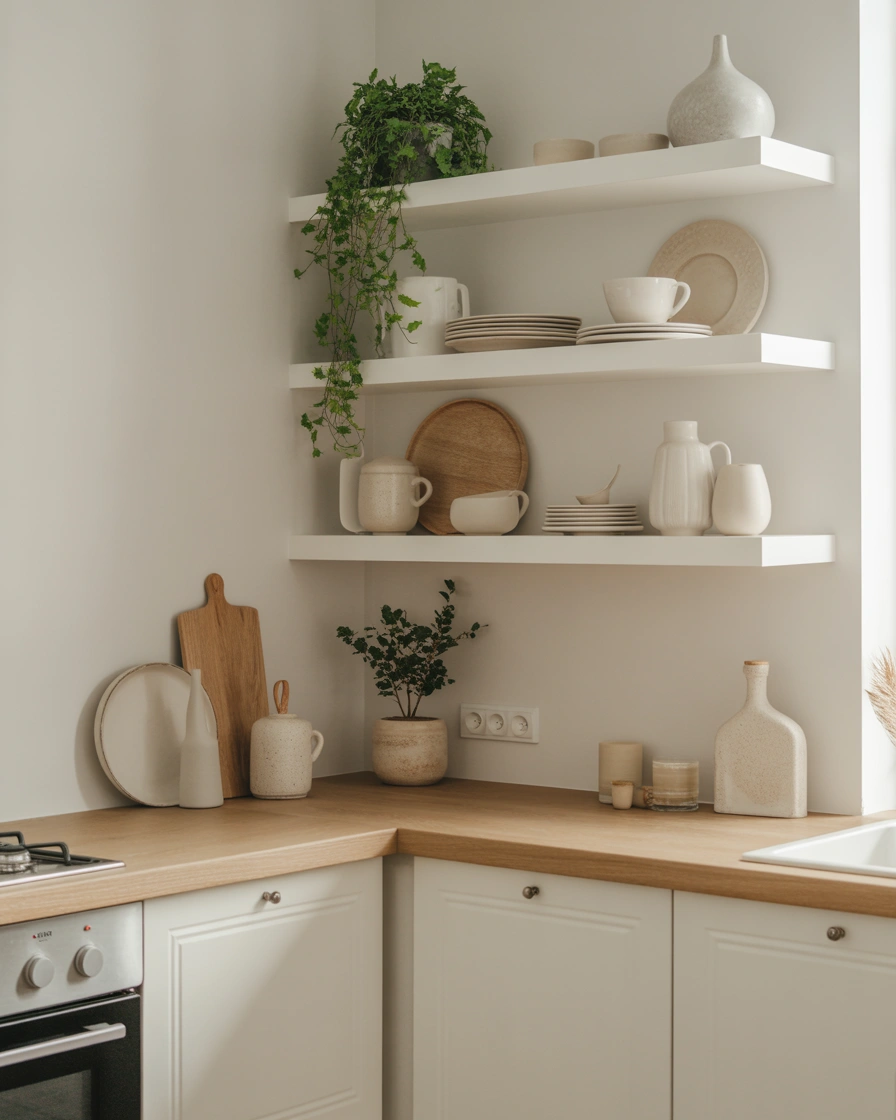 Use Floating Corner Shelves for a Minimalist Kitchen Design