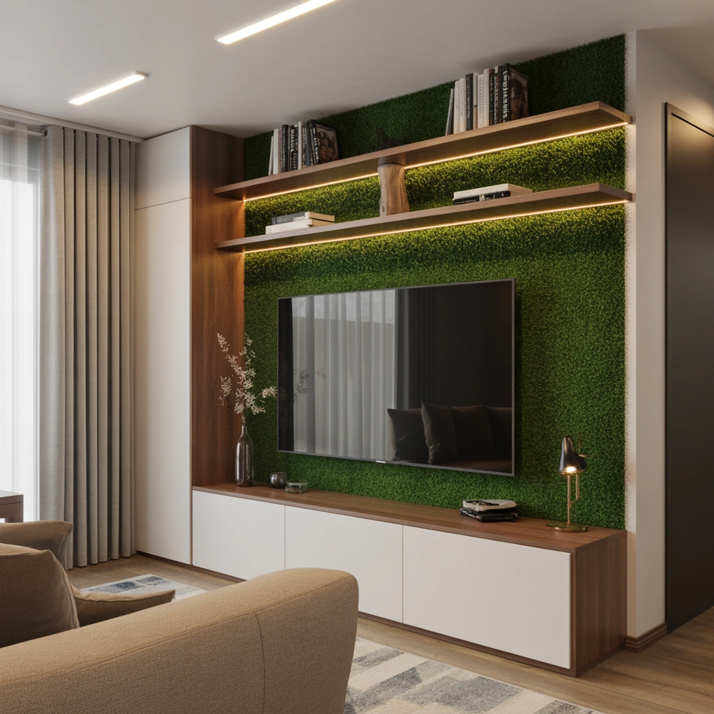 Use Grass Wall Panels Behind the TV Area