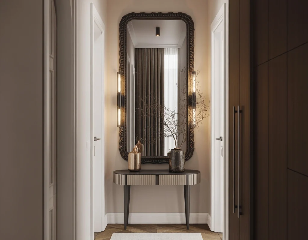 Use Large Mirrors to Make a Narrow Hallway Feel Bigger and Brighter