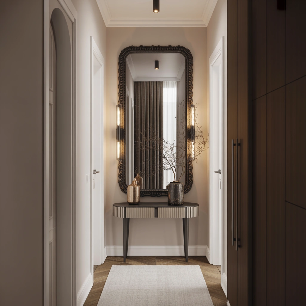 Use Large Mirrors to Make a Narrow Hallway Feel Bigger and Brighter
